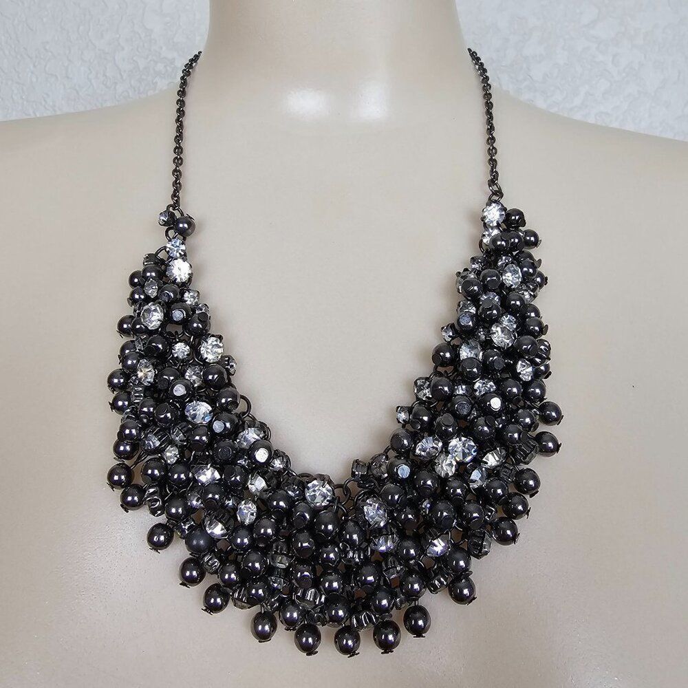 BCBGMaxAzria Statement Necklace Bead Bib Chunky Gunmetal Tone Crystal Rhinestone